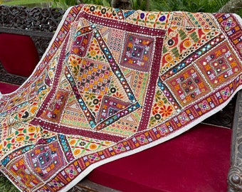 Colorful Indi Boho Mirror Wall Hanging Tapestry, Embroidery Sequins Sari Purple white Wall Decor Traditional Tapestries