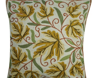 Sofa Cushion Covers Beige Green Suzani Embroidered Handmade Indian Toss Pillow Sham 16" x 16"