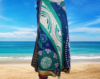 Womens Wrap Long Skirt, Blue Printed Silk skirt, Beach Wrap Skirt, Reversible Sari skirt, Hippie Renaissance Faire Skirts One size
