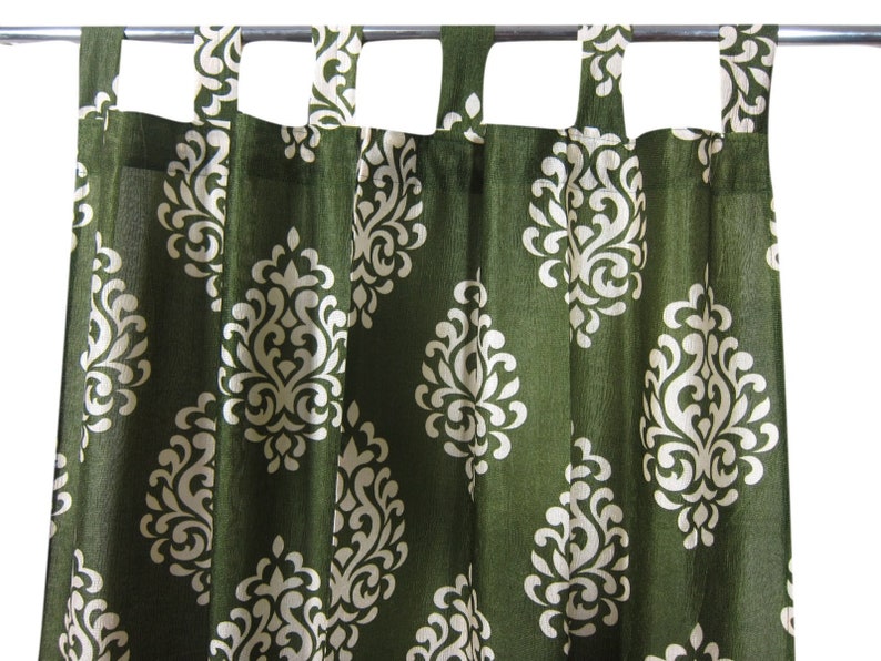 2 Green Printed Curtains Panel Drapes, Bedroom Window Treatment, Living Room, Tab Top Curtains, Bed Canopy Decor image 2