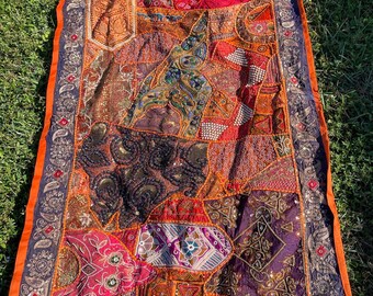 Fall Orange Zardozi Indian Tapestry, Wall Decor, Wall Hanging Tapestry, Vintage Hand Embroidered Hand Work Wall Hanging Bohemian Decor