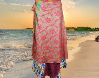 Womens Hippie Faire Magic Wrap Skirt, Floral Double Layers Pink Wrap Skirts, Handmade, Gift, Travel Skirt  One size