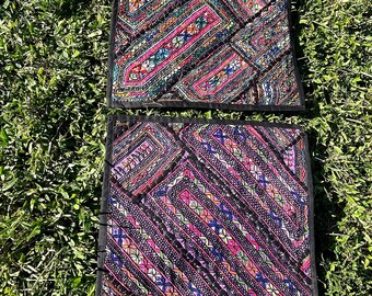 Pair of Vintage Kutch Black Purple Cushion Cover, 2pc Banjara Embroidered Patchwork Throw Pillow Cases 18x18