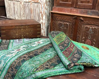 Patchwork Floral Green Silver Sequin Throw, Handmade Tapestry, Wall Art Embroidered Patchwork Tapestry, Wall Hanging