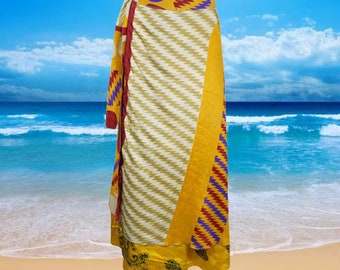 Women Long Wrap Skirt, Beach Skirts, Silk Sari Wrap Skirts, Yellow Beige Floral Print 2 Layer Reversible Skirts Gift One Size