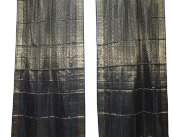 2 Indian Handmade Window Treatment Curtain Black Golden Sari Drape Panel Brocade Border Rod Pocket Curtains Home Decor 96 inch