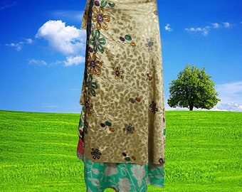 Women Long Wrap Skirt, Beach Coverup, Sarong, Silk Sari Wrap Skirts, Beige Green Floral Printed, 2 Layer Reversible Magic Skirts One Size