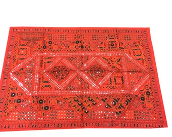 Bohemian Geometric Banjara Tribal Mirrors Embroidered Artisan Vintage Orange Patchwork Sari Tapestry Wall Hanging