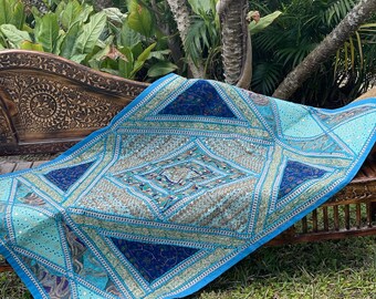 Ocean Blue Vintage Tapestry, Wall Decor, Wall Hanging Tapestry, Blue Embroidered Decorative Tapestry Headboard Zardozi Wall Throw