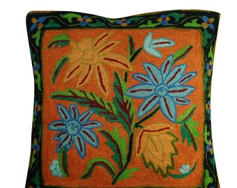 Decorative Cushion Covers Handmade Orange Green Woolen Suzani Embroidered Indian Pillow Cases Bohemian Decor 16x16