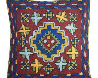 Sofa Cushion Covers Red Blue Suzani Embroidered Handmade Indian Toss Pillow Sham 16" x 16"