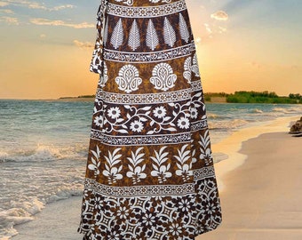 Jupe portefeuille hippie pour femme, jupes longues portefeuille en coton imprimé marron, jupe longue blanche à fleurs, jupes de plage taille ouverte