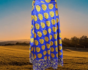 Bohemian Long Wrap Skirt Blue Printed Sari Wrapskirts, Yellow Floral Printed Maxi Skirt, Silk Sari Wrap Skirts, Beach Wear Skirts One Size