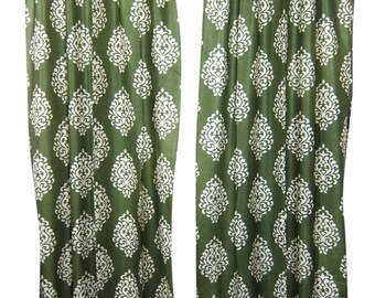 2 Green Printed Curtains Panel Drapes, Bedroom Window Treatment, Living Room, Tab Top Curtains, Bed Canopy Decor