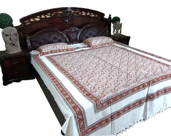 Indi Bedcover, 3pc Boho Cotton Bedspreads, Table Tapestry, White Maroon Floral Paisley Printed Picnic Blanket