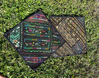 2 Kutch India Decor Toss Pillow Shams, Black Green Vintage Banjara Embroidery Cushion Covers