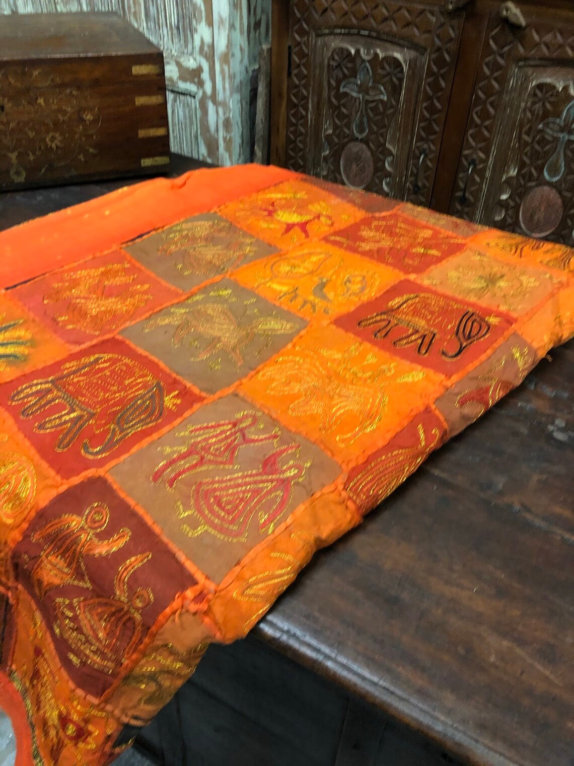 Vintage Sari Tapestry Bed Throw Orange Indian Accent WALL Etsy