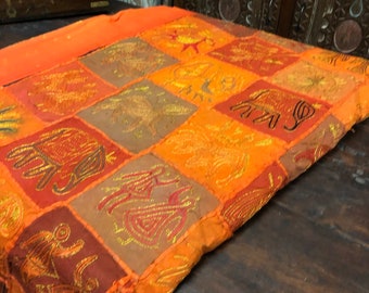 Vintage Sari Tapestry, Bed Throw Orange, Indian Accent WALL Decor, Hand Embroidered Patchwork Wall Hanging