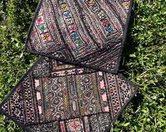 2 Vintage Toss Pillow Shams, Kutch Tribal Gray Black Peach Banjara Embroidery Cushion Covers 18x18