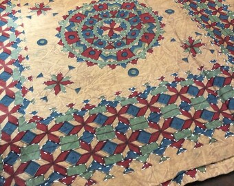 Bed Cover, Picnic Blanket, Soft Cozy, 2 Handloom Cotton Pillows,Indi Boho Floral Bedspread, Red Beige Printed Throw, TABLECLOTH