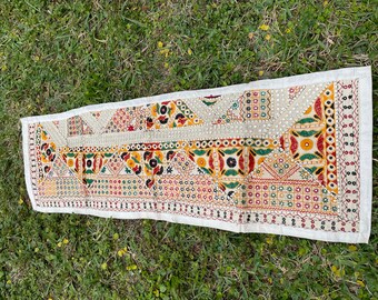 Ivory Embroidered Mirrors Table Runner, Banjara Boho Decor Ethnic Tribal Embroidery Wall Hanging Vintage Decor