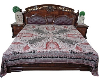 BedCOVER, bLANKET, Pashmina Wool Coverlet Kashmir Jamawar Brown Pink Bedspread Bedroom Décor