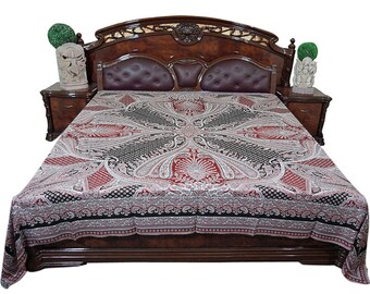 BedCOVER, bLANKET, Pashmina Wool Coverlet Kashmir Jamawar Brown Pink Bedspread Bedroom Décor