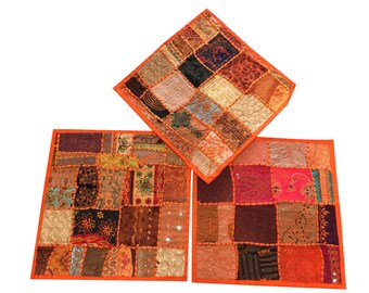 Sari Pillow Shams Vintage Orange Embroidered Patchwork Sofa Throw Cushion Covers 16x16