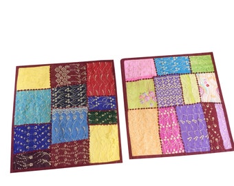 2 Ethnic Indian Colorful Cushion Cover Patchwork Embroidered Cotton Square Pillow Cases 16" x 16"