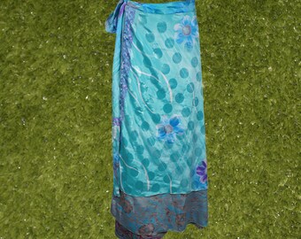 Summer, Beach Women's Magic Wrap Skirt: Double-Layered Blue Floral Recycled Sari Skirt - One Size, Perfect for Handmade Fashion and Gifting