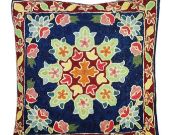 Sofa Cushion Covers Blue Suzani Embroidered Handmade Indian Toss Pillow Sham 16" x 16"