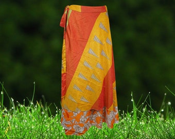 Womens Hippie Faire Wrap Skirt, 2 Layer Skirts, Orange Yellow Printed Sari Skirt, Resort Wear, gift, Reversible Wrap Travel Skirt One size