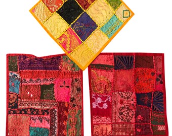 Set Of 3 Indian Ethnic Cushion Covers Vintage Patchwork Decorative Toss Pillow Sham 16 x 16"