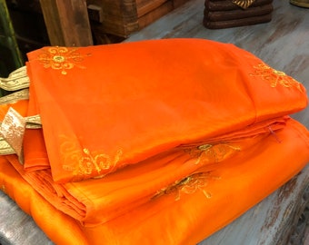 SINGLE Indi Boho Curtains, ORANGE GOLD Embellished Curtain Panel, Silver gold Tab Top Organza Window Treatment 90