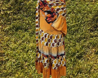 Bohemian Long Wrap Skirt Orange Printed Sari Wrapskirts, Black Floral Printed Maxi Skirt, Silk Sari Wrap Skirts, Beach Wear Skirts One Size