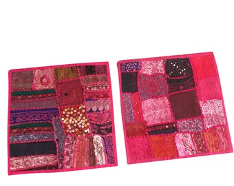 2 Indian SARI Cushion Covers Vintage Purple Patchwork Decorative Toss Pillow Shams Bohemian Decor 16" x 16"