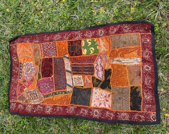 Vintage SARI TAPESTRY, Orange Maroon Hand Embroidered Beaded Patchwork Wall Hanging Bohemian Decor