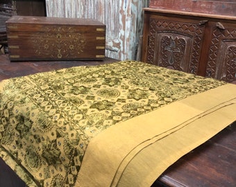 Cotton Bed Throw, Embroidered Bed Throw, Blanket, Beige Light Green, Indian Accent WALL Decor, Embroidered Sofa Throw