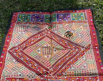 BANJARA Indian Tapestry, Wall Decor, Wall Hanging Tapestry, White Red Vintage Embroidered Mirrors Wall Hanging Bohemian Decor