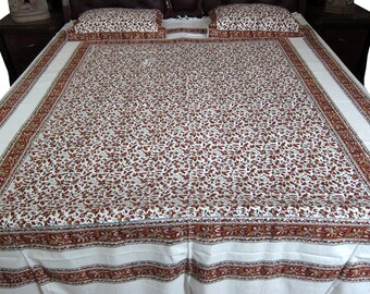 India Yoga Blanket, Kalamkari Hand Printed Cotton 3pc Bedding, Picnic THrow, White PInk Floral Tapestry Bedspreads, Tablecover