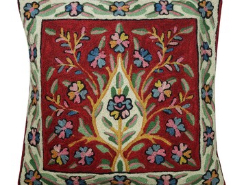 Sofa Cushion Covers Red Suzani Embroidered Handmade Indian Toss Pillow Sham 16" x 16"