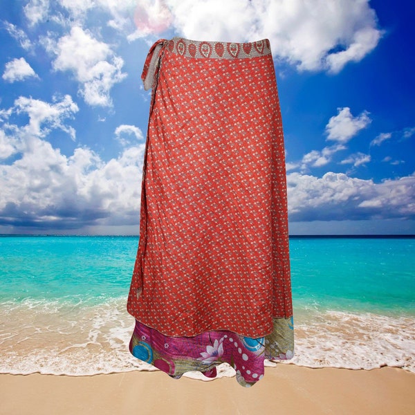 Women Long Wrap Skirt, Red Floral Printed, Beach Coverup Sarong, Silk Sari Wrap Skirts, 2 Layer Reversible Skirts, Gift One Size