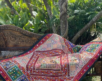 BANJARA Indian Tapestry, Wall Decor, Wall Hanging Tapestry, White Red Vintage Embroidered Mirrors Wall Hanging Bohemian Decor