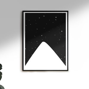 Starry Hill, Black and White, Minimalist Art Print, geometric, woodblock style, Printable Art for Instant Download.