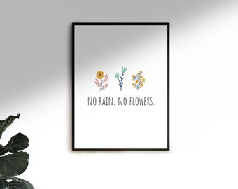 No Rain No Flowers Print, Inspirational Print, Motivational Print, Minimalist Wall Art, Home Decor, Monochrome Print, Floral Print, Line Art