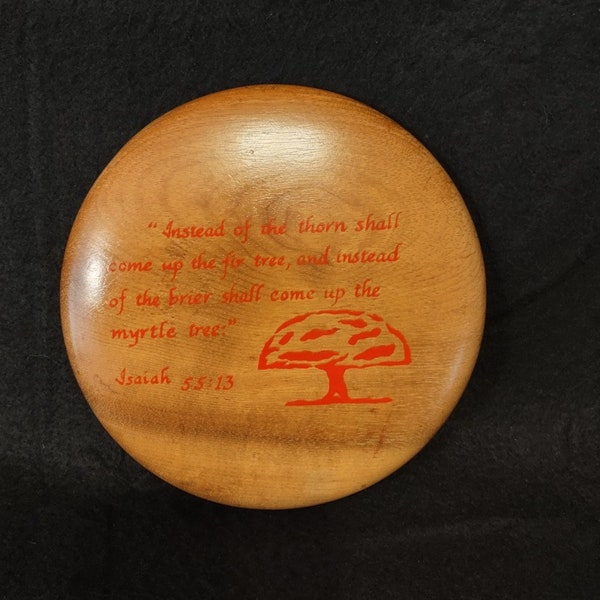 Beautiful Round Myrtlewood Wall Hanging with Bible Verse - Christian - Religious - Isaiah 55:15 with Red Myrtle Tree and Font- Decoration