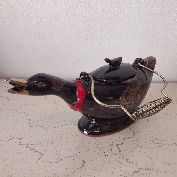 Beautiful Japanese Glazed Redware Duck Shaped Teapot - Brass Handle - Mid Century Kitchen Brown and Gold