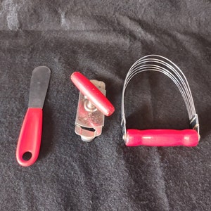 Vintage Red Handled Kitchen Gadgets - Top Off Jar Opener, Androck Pastry Blender, and Hyde Stainless Steel Spreader Cake Decorator