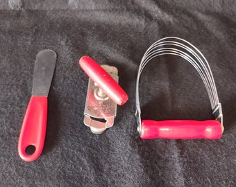 Vintage Red Handled Kitchen Gadgets - Top Off Jar Opener, Androck Pastry Blender, and Hyde Stainless Steel Spreader Cake Decorator