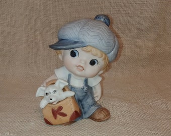Homco Boy with Puppy Figurine: Taiwan Knick Knack Collectible